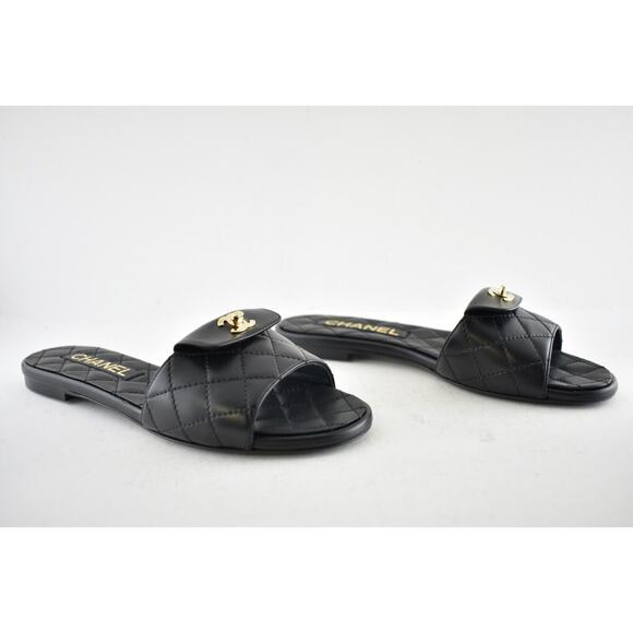 Chanel REV Black Turnlock Quilted Gold CC Logo Mules Slide Sandal Flop Flat 37.5 - Picture 4 of 12